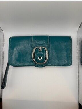 Coach Bleeker Teal Leather Wristlet with Buckle Accent
